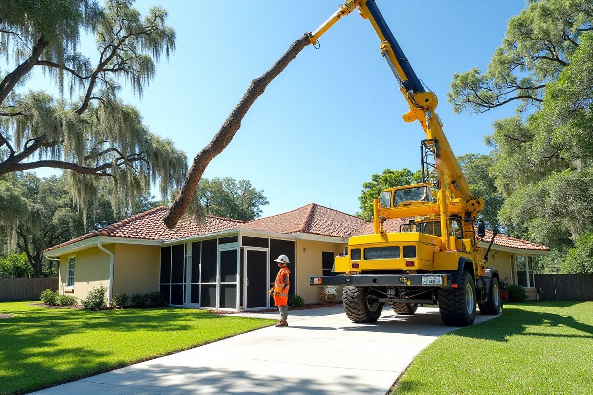 Crane lifting a cut tree trunk over the roof of a house