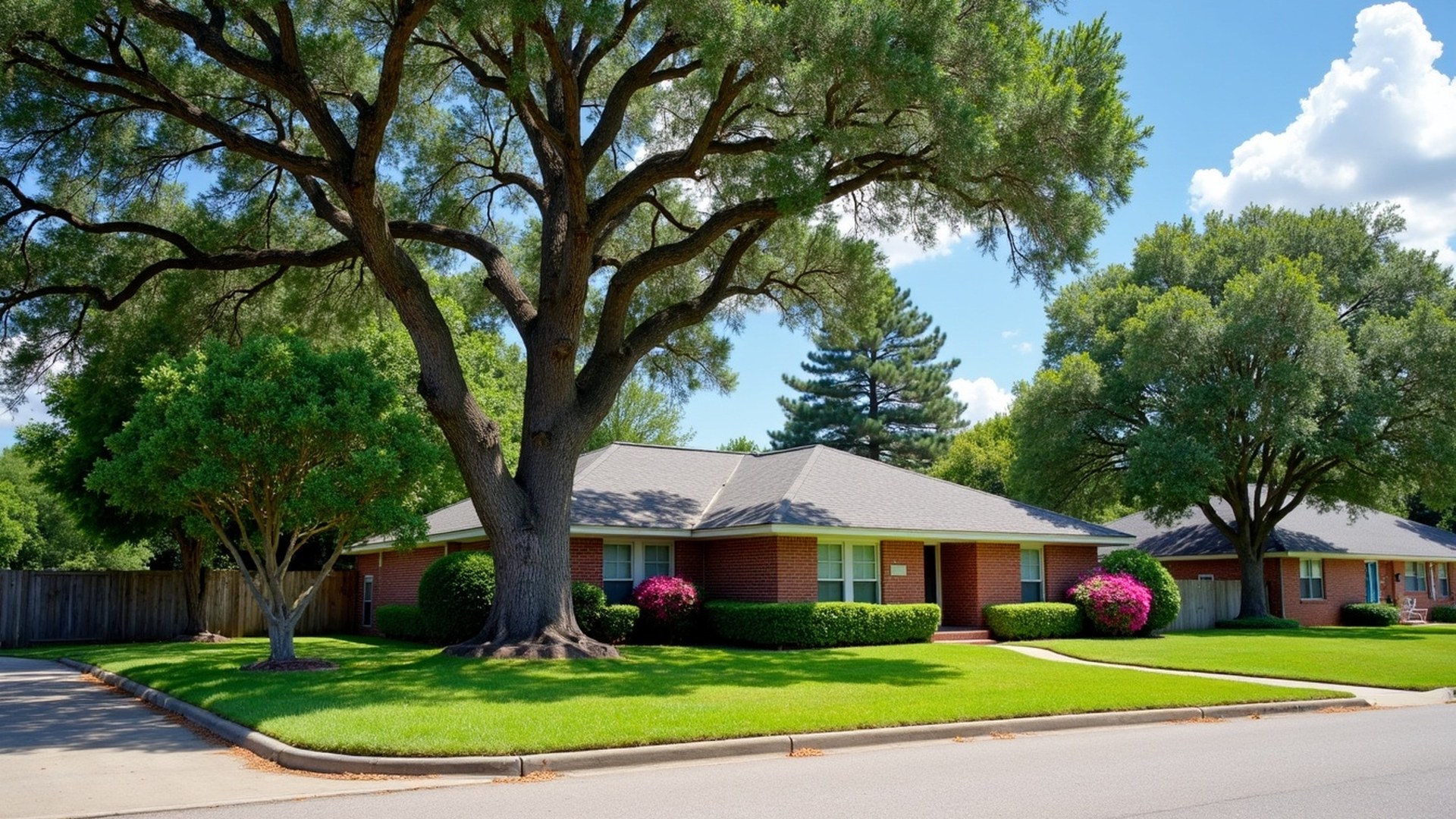 Big live oaks shading a brick one-story Houston home and its St. Augustine lawn on a sunny morning