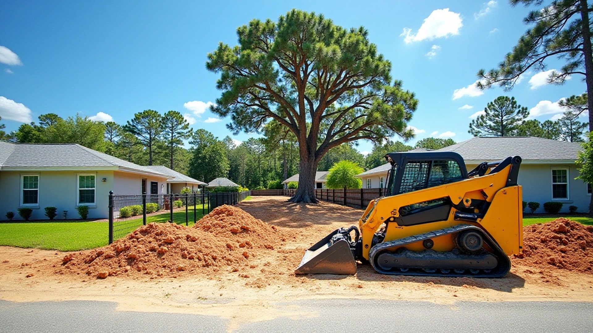 Skid steer clearing a residential lot with one large tree left standing