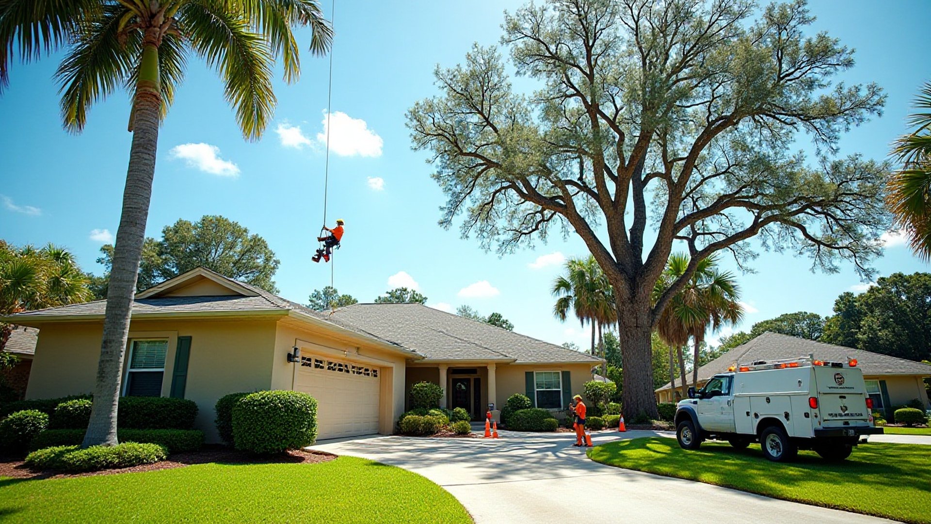 Tree crew with a bucket truck taking down a large oak beside a one-story home
