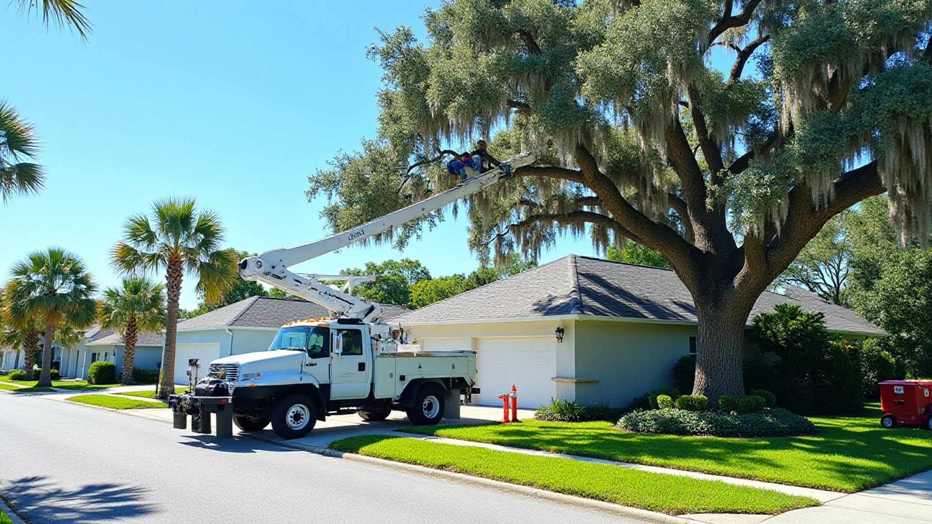 Worker in a bucket truck trimming oak limbs over a home