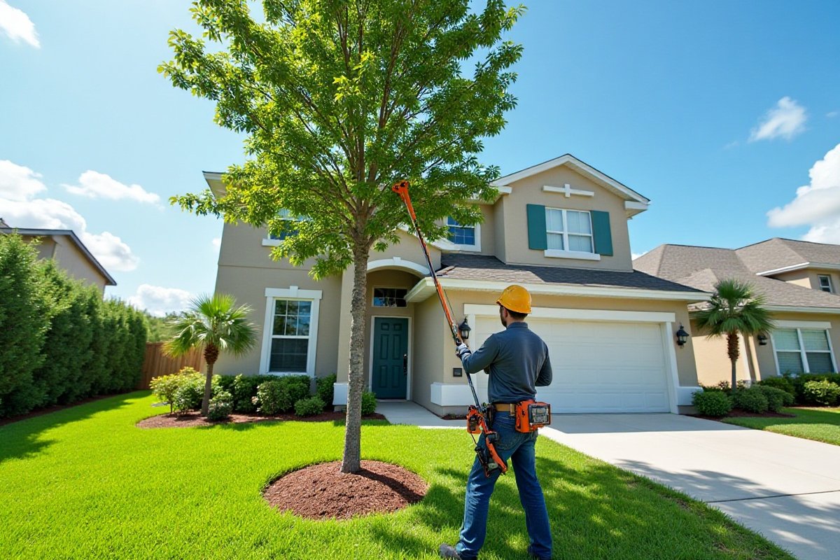 Worker pruning a young shade tree with a pole pruner in a front yard